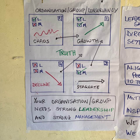 A hand-drawn flip chart with four boxes labelled chaos, growth, decline and stagnate, under the line